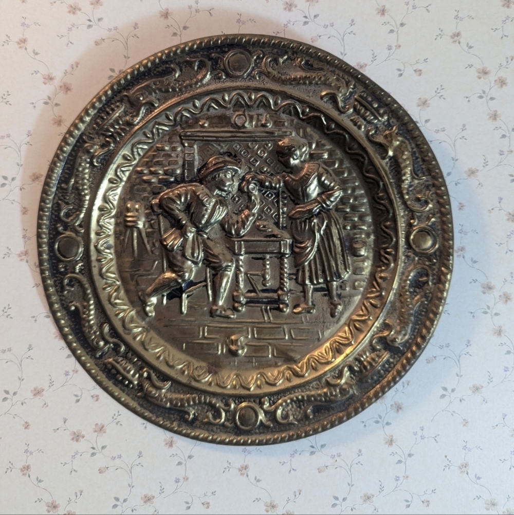 Brass Wall Hanging Repousse Pub Scene vintage, woman pouring drink